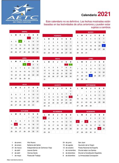 Fiestas nacionales, fiestas autonómicas, fiestas locales, puentes, semana santa. calendario-laboral-2021 - Asociación de Empresarios Tres Cantos