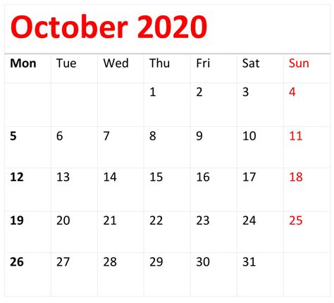 Printable October 2020 Calendar One Page Template