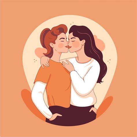愛情深く幸せなレズビアン カップルの肖像画 2 人のゲイの女の子がプライド コミュニティのコンセプトにキス プレミアムベクター