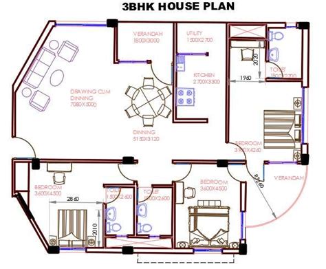 3 Bhk House Plan Autocad Drawing Dwg File Cadbull