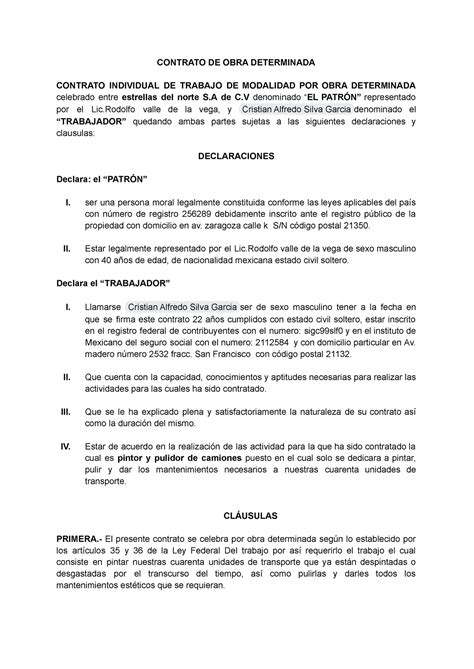 Ejemplo De Contrato Por Obra Determinada Contrato De Obra Determinada