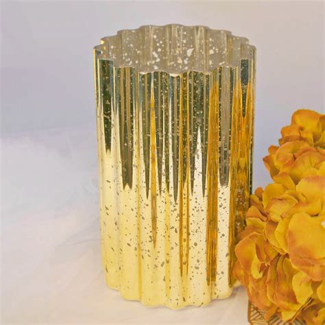 9 Gold Mercury Glass Hurricane Candle Holder Cylinder Glass Vase With Wavy Design