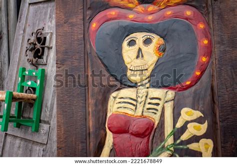 Skeleton Statue Sombrero Wooden Doors Background Stock Photo 2221678849