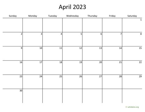 April 2023 Calendar with Bigger boxes | WikiDates.org