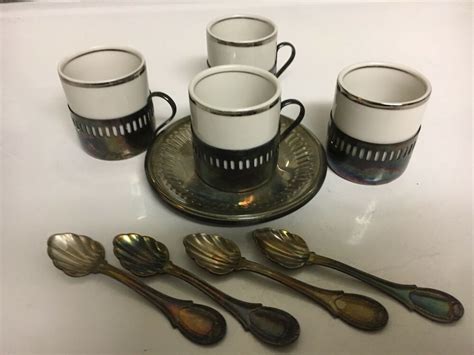 Porcelain Espresso Cups With Metal Saucers And Spoons Set Of Four With