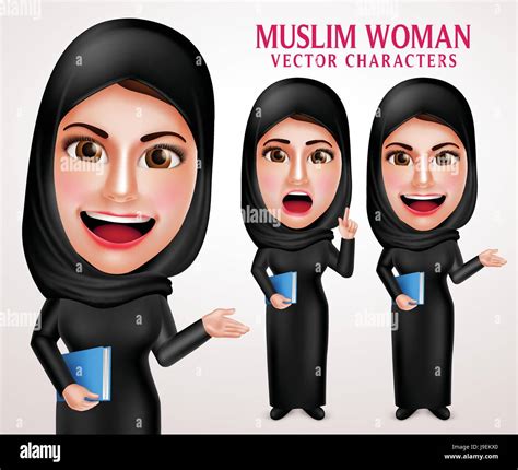 Muslim Woman Vector Character Set Holding Book With Friendly Smile
