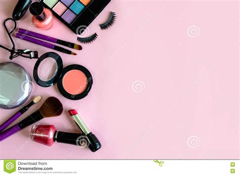 Make Up With Cosmetics And Brushes On Pink Background Stock Image ...