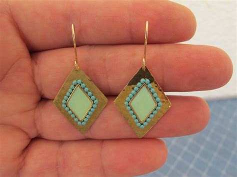Dangle Turquoise Earrings With Gold Hammered Diamond Shape Etsy