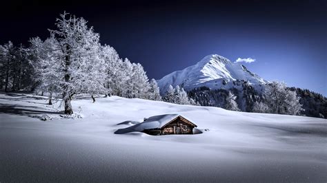 Snow Landscape Houses Mountains Forest Trees Winter Cold Wallpaper