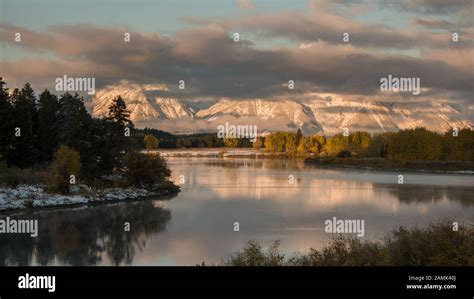 Autumn Sunrise View From Oxbow Bend Snake River With Mount Morans