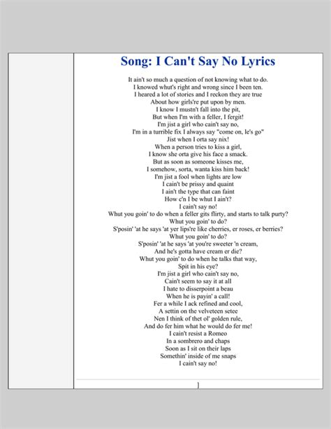 song i can t say no lyrics