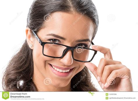Portrait Of Young Smiling Businesswoman In Eyeglasses Looking At Camera Stock Image Image Of