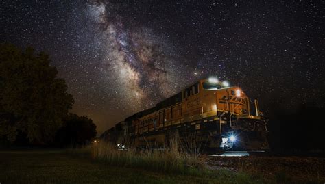 Train Night Lights Milky Way Landscape Nature Galaxy Railway