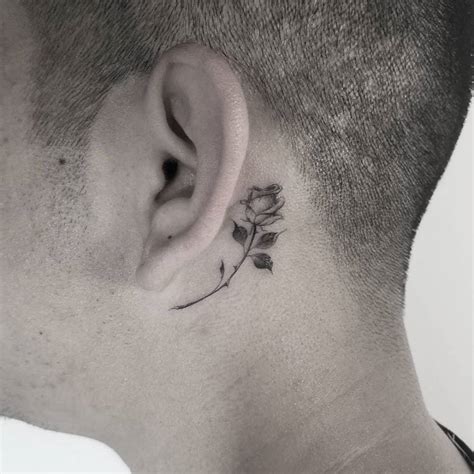 Single Needle Rose Tattoo Behind The Left Ear