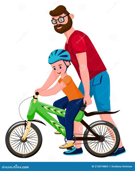 Dad Teaches Son To Ride A Bike Stock Vector Illustration Of Happy
