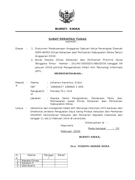 Kepala surat tugas bagian kepala surat tugas terdiri atas tulisan surat tugas yang diletakkan di bawah kepala dengan huruf kapital, diikuti nomor surat tugas ditulis secara simetris di bawahnya. Surat Tugas Bupati