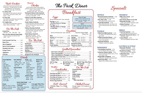 Park Diner And Restaurant Menu