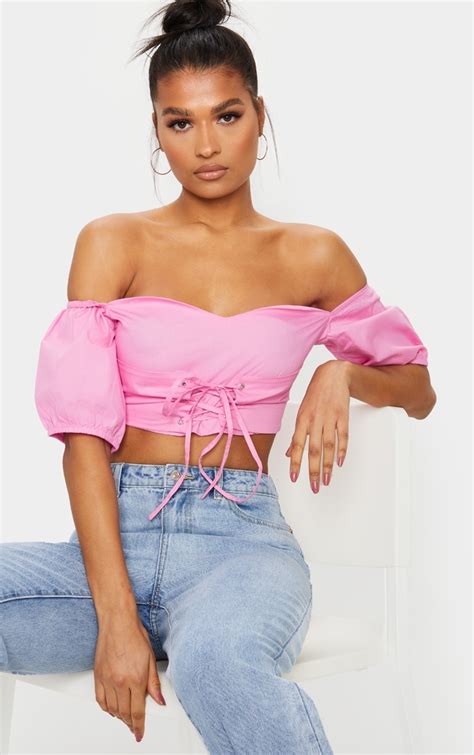 Pink Lace Up Bardot Sweetheart Crop Top Prettylittlething