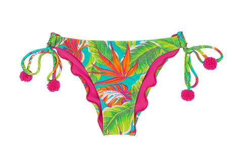 Green Tropical Print Ruched Bikini Bottoms With Pink Tassels Calcinha