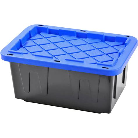 Plastic Heavy Duty Storage Tote Box 15 Gallon Black With Blue Snap