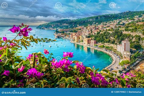 Franse Riviera Kust Met Middeleeuwse Stad Villefranche Sur Mer Nice