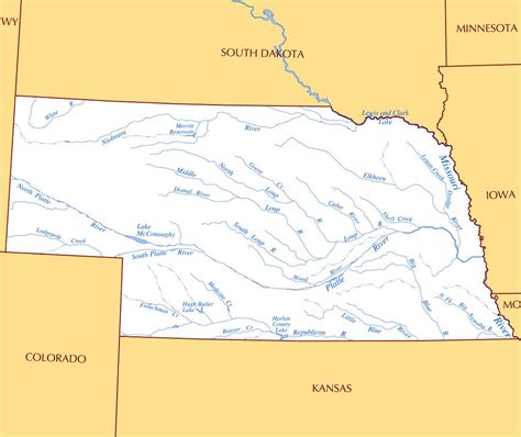 Large Rivers And Lakes Map Of Nebraska State Nebraska State Usa