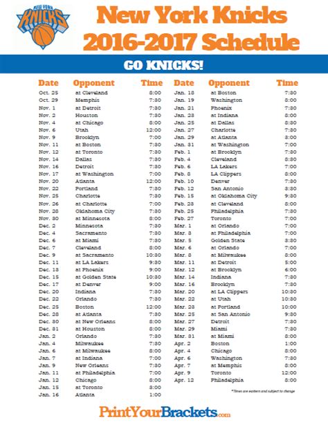 2016 2017 New York Knicks Schedule Warriors Schedule Basketball