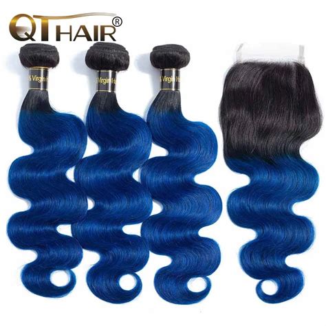 1bblue Body Wave Human Hair Bundles With Closure 2 Tone Ombre Hair 3