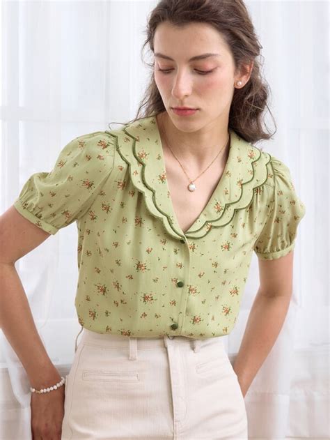 Simple Retro Ditsy Floral Print Scallop Trim Puff Sleeve Blouse Shein Usa