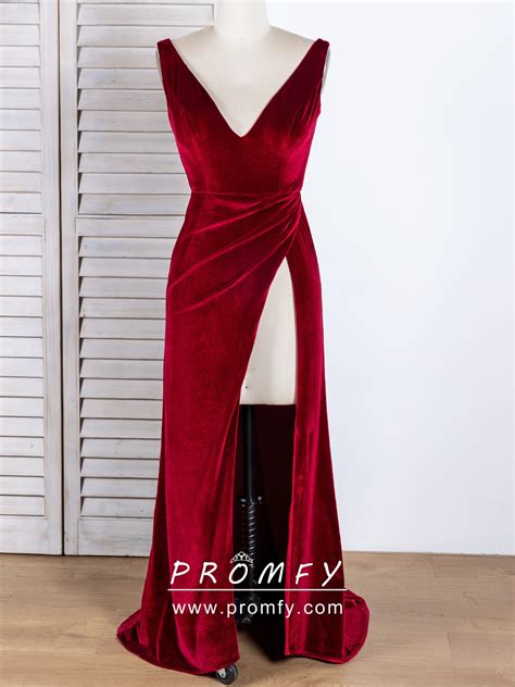 promfy simply sexy dark red velvet high slit long prom dress