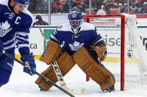 Toronto Maple Leafs Goalie Jonathan Bernier 45 Guards The Net During