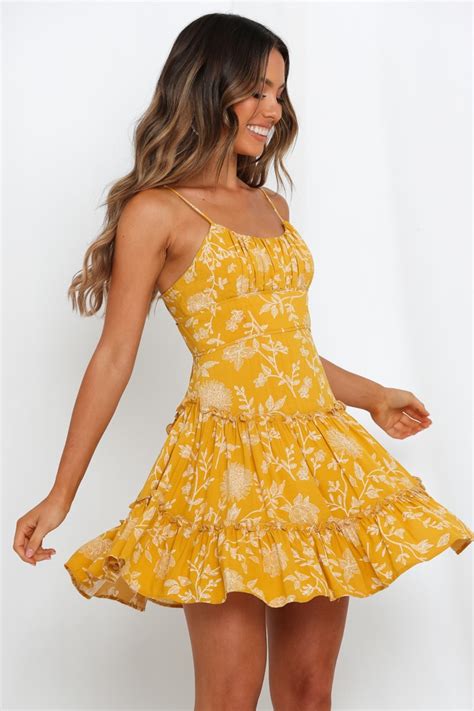 Cute Bright Yellow Floral Summer Mini Dress With Ruched Bust And Flared
