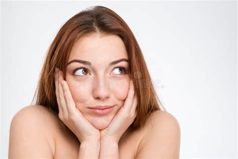 Closeup Portrait Of Pretty Cute Woman With Hands On Cheeks Stock Photo