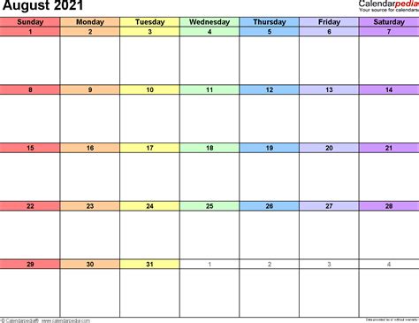August 2021 Calendars For Word Excel And Pdf