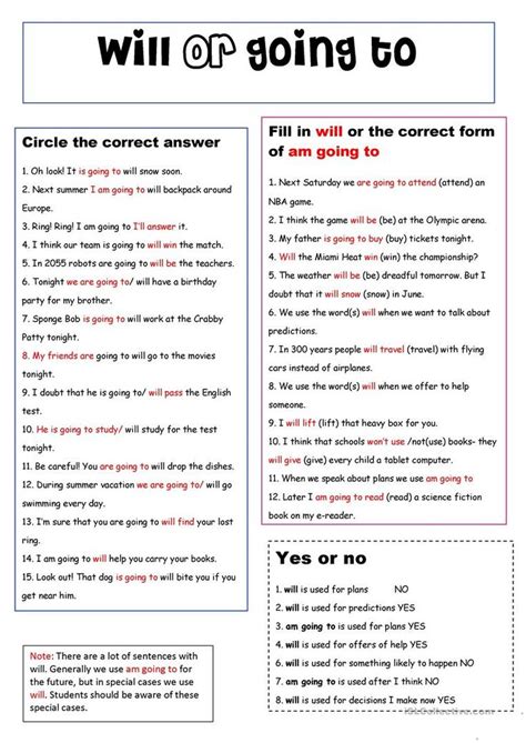 Will And Going To With Key English Grammar Worksheets English