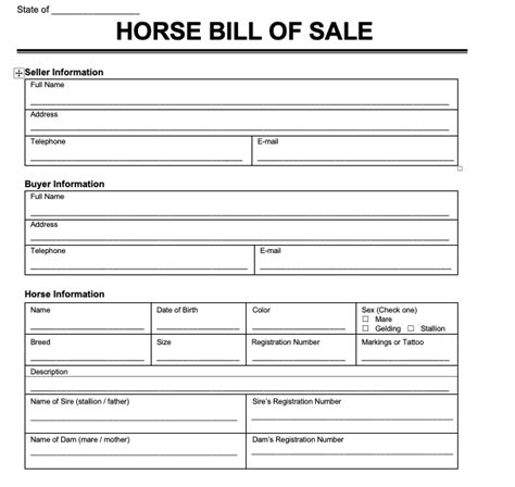 Printable Horse Bill Of Sale