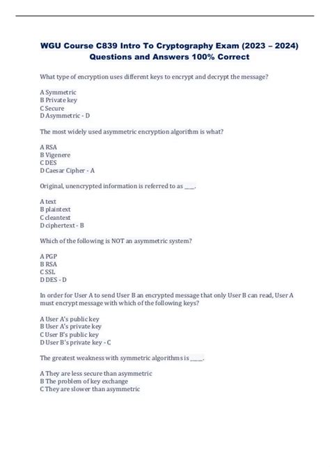 Wgu Course C839 Intro To Cryptography Exam 2023 2024 Questions And