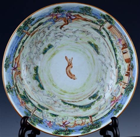 Astonishing Chinese Qianlong Famille Rose Imperial Hunting Punch Bowl Antique Rare