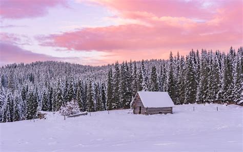 Dreamy Pixel Wooden Cottages In The Winter Forest At Sunset Dreamy