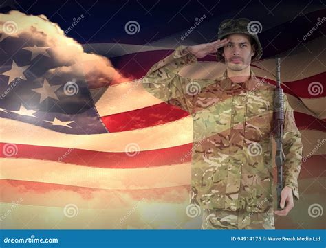 Soldier Saluting With American Flag Stock Image Image Of Flag Flare