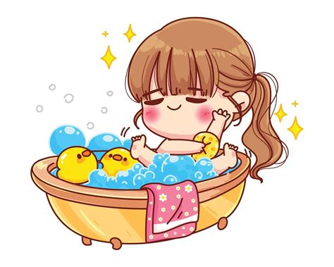 Cute Girl Taking Bath With Duck Toy And Bubbles Cartoon Illustration