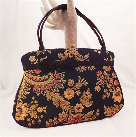 Vintage Black Fabric Purse With Floral Embroidery By Crown Lewis