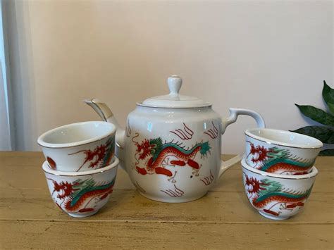 Vintage Japanese Tea Service Set White Porcelain With Red And Green