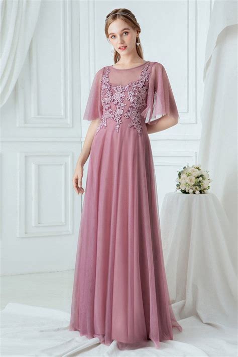 Purple Elegant Long Bridesmaid Dress With Illusion Neckline 59 48