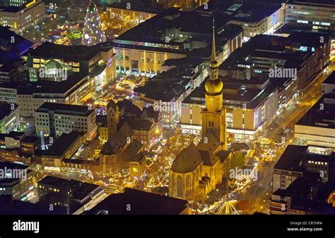 Aerial View Night View Rheinoldikirche Church With Christmas Market