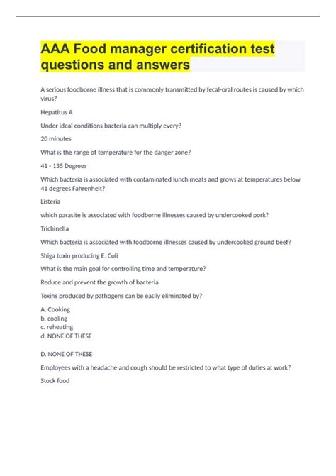 AAA Food manager certification test questions and answers - Food