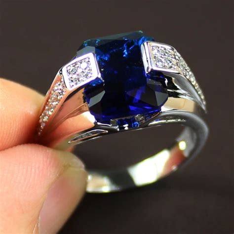 Buy Mens Silver Big Blue Created Sapphire Cz Gem