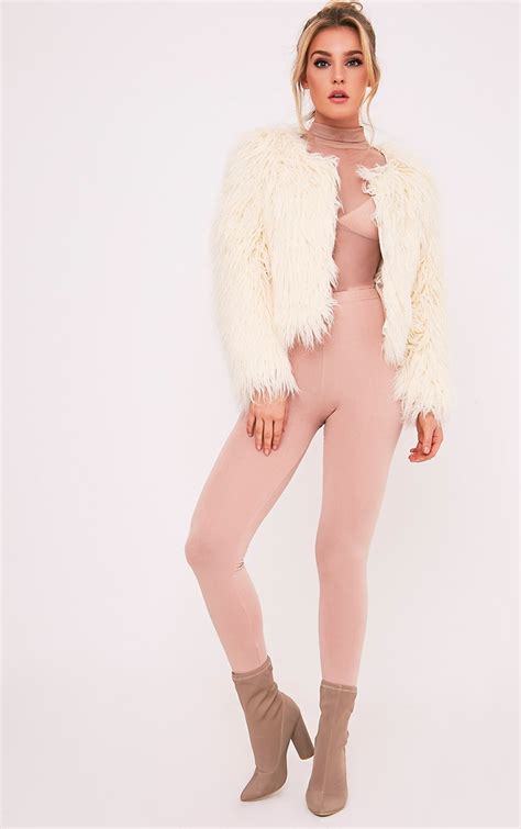liddie cream faux fur shaggy cropped jacket coats and jackets prettylittlething
