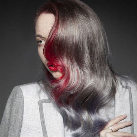Breathtaking Platinum Gray With Blood Red Hair Color Accent Hair By
