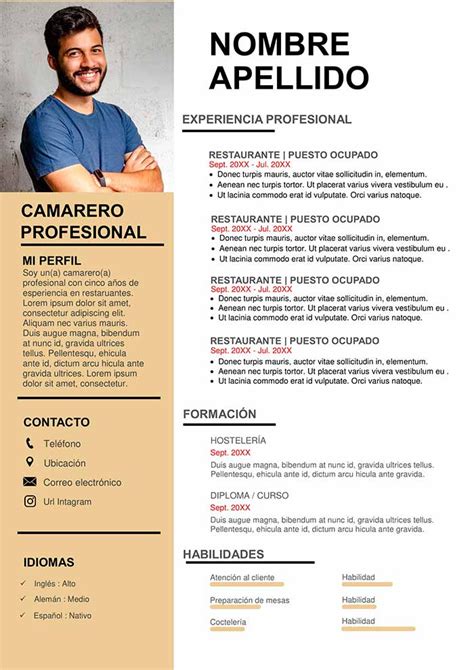 Tenemos 20 plantillas para que tu. Ejemplo de Curriculum Vitae para Camarero | Modelo de CV ...